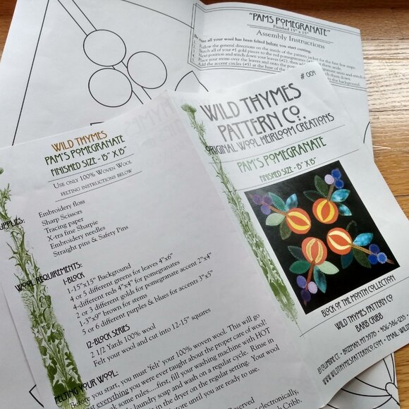 Vintage Pomegranate Quilt Block Sewing Pattern Felted Wool 90s Wild Thymes - Picture 6 of 6